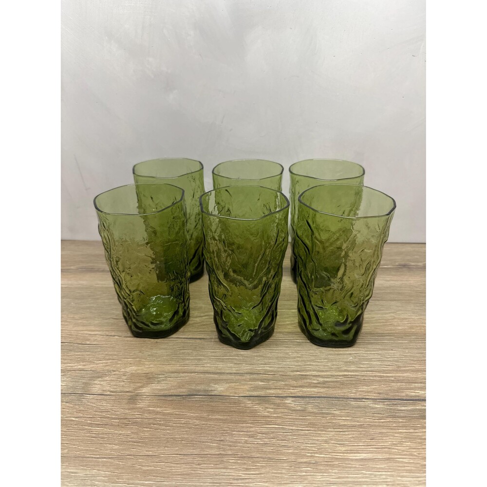 Vintage MCM Morgantown Seneca Driftwood Avocado Green Glass Tumbler Set/7 5.75"